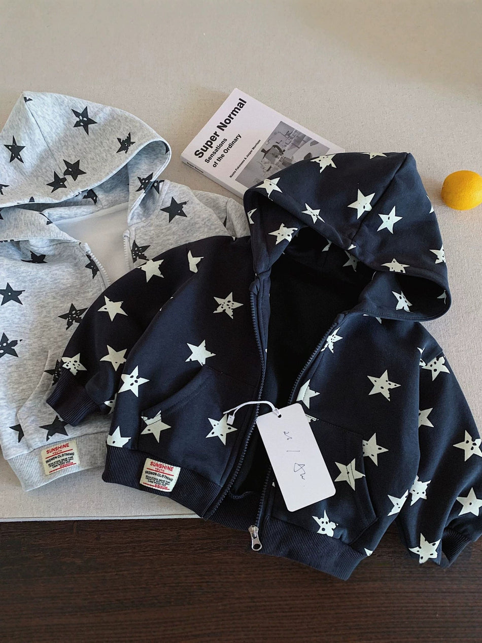 Kids Star Print Hooded Zipper Sweatshirt Cotton Casual Jacket