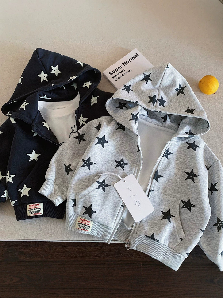 Kids Star Print Hooded Zipper Sweatshirt Cotton Casual Jacket