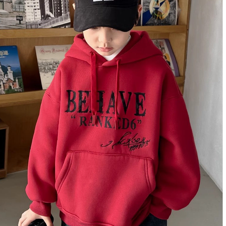 Boys Letter Print Fleece Lined Hooded Pullover