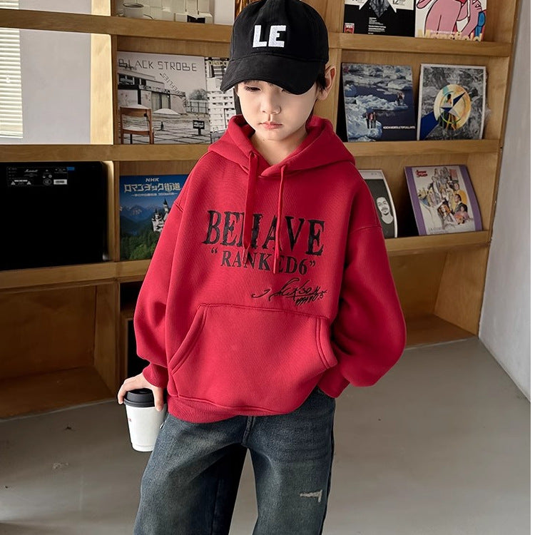 Boys Letter Print Fleece Lined Hooded Pullover
