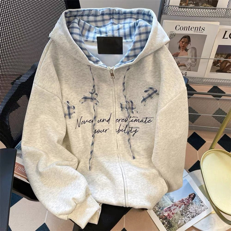 Girls Plaid Patchwork Hooded Zipper Jacket