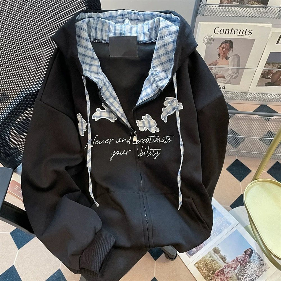 Girls Plaid Patchwork Hooded Zipper Jacket