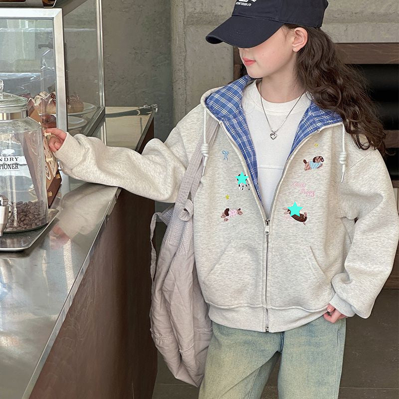 Girls Plaid Cartoon Hooded Zipper Jacket