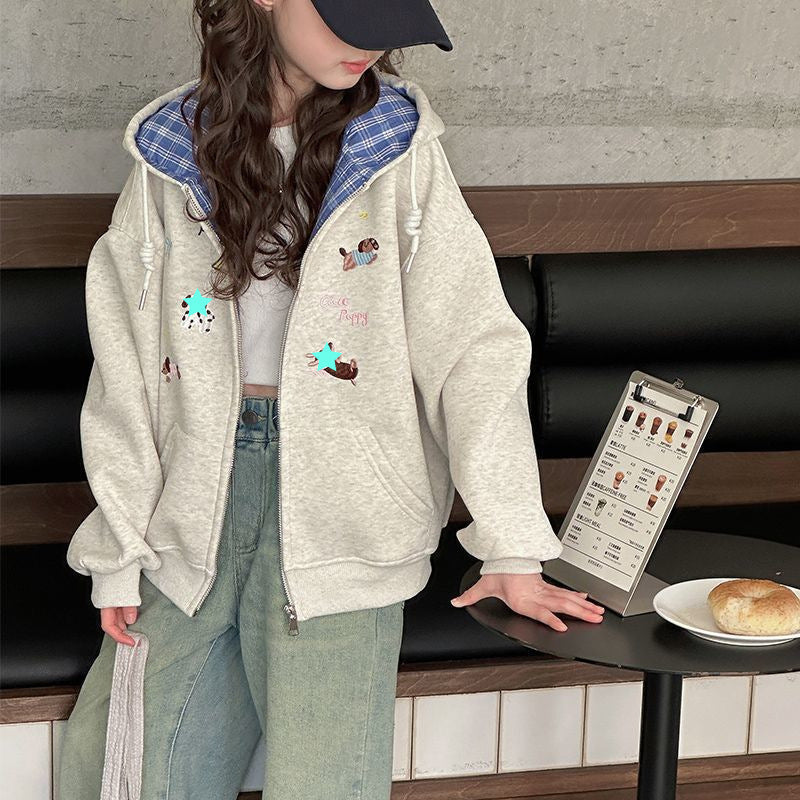 Girls Plaid Cartoon Hooded Zipper Jacket