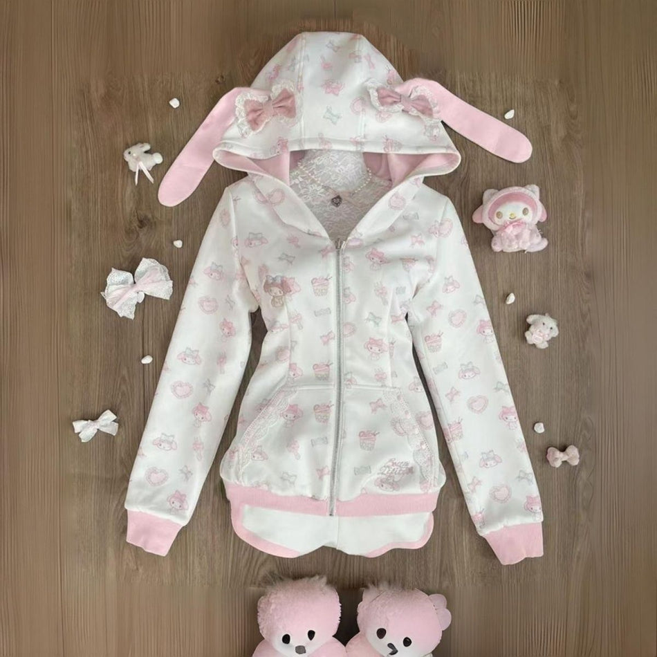 Girls 3D Bunny Color Block Zipper Jacket