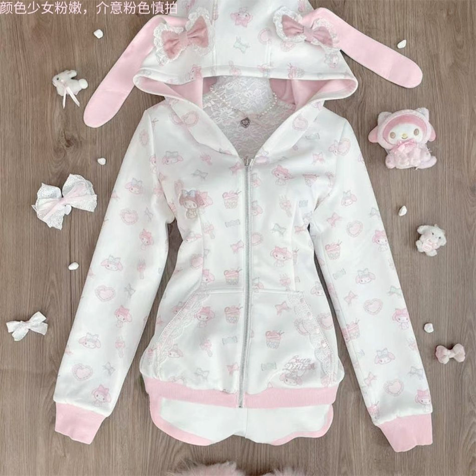 Girls 3D Bunny Color Block Zipper Jacket