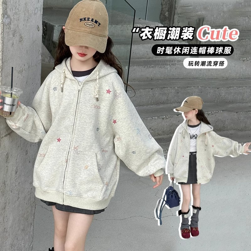 Girls Cartoon Mid-Length Zipper Coat