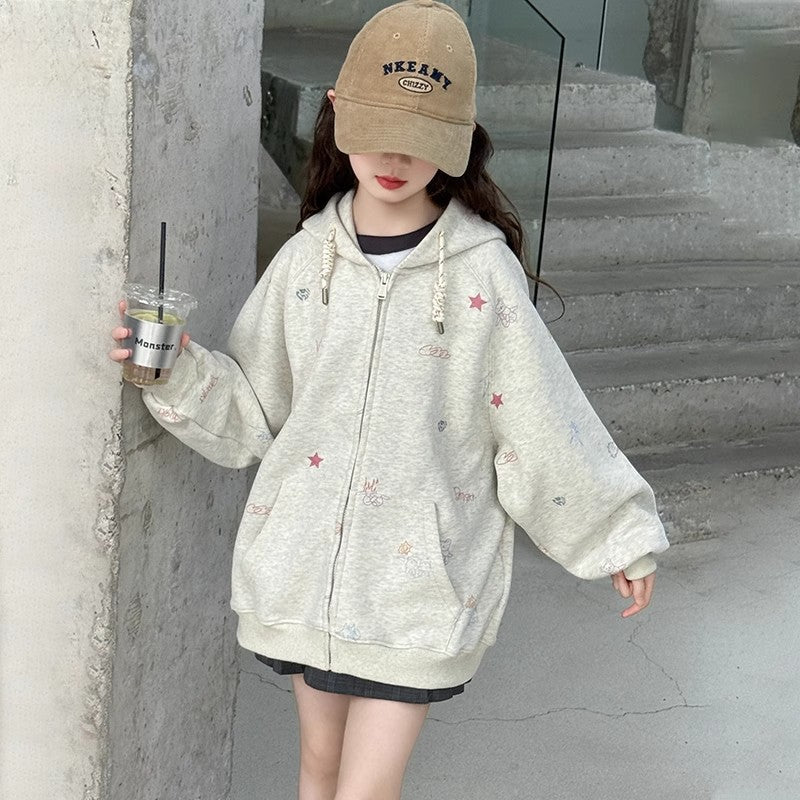 Girls Cartoon Mid-Length Zipper Coat