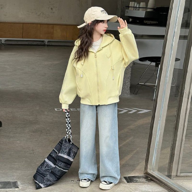 Girls Casual Cartoon Mid-Length Zipper Jacket