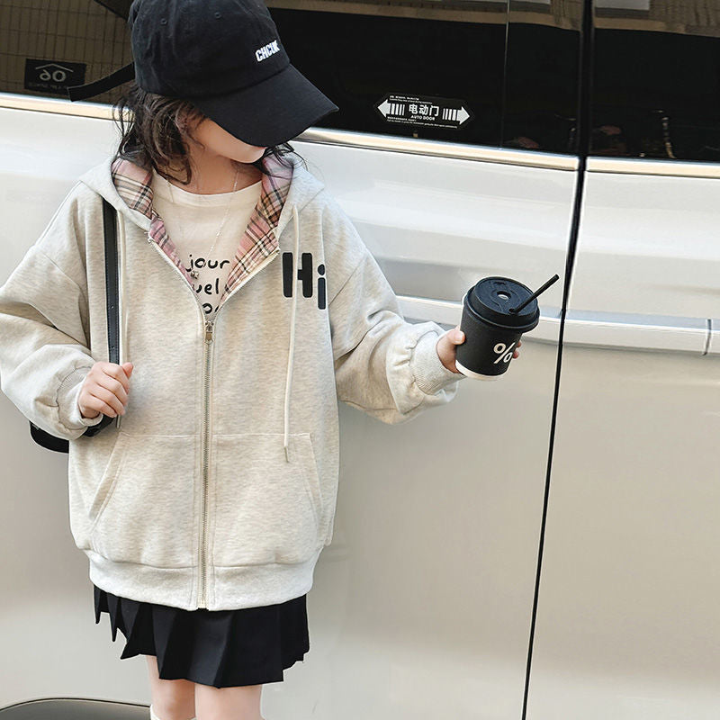 Girls Letter Print Hooded Casual Zipper Jacket