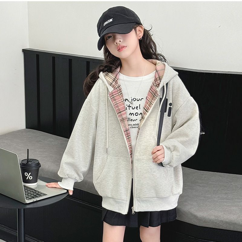Girls Letter Print Hooded Casual Zipper Jacket