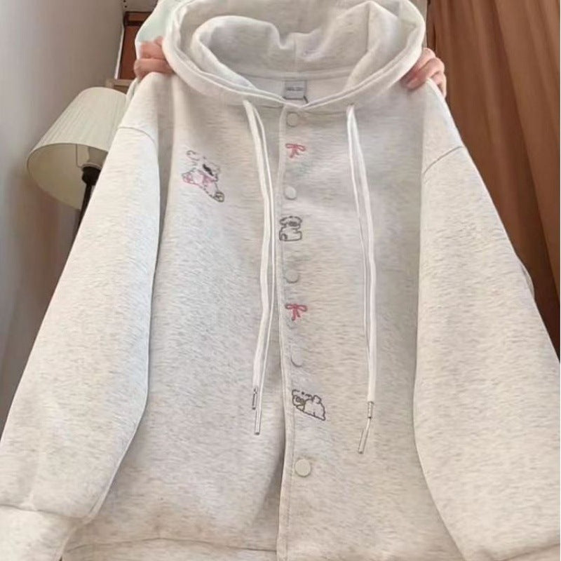 Girls Solid Color Hooded Zip-Up Jacket