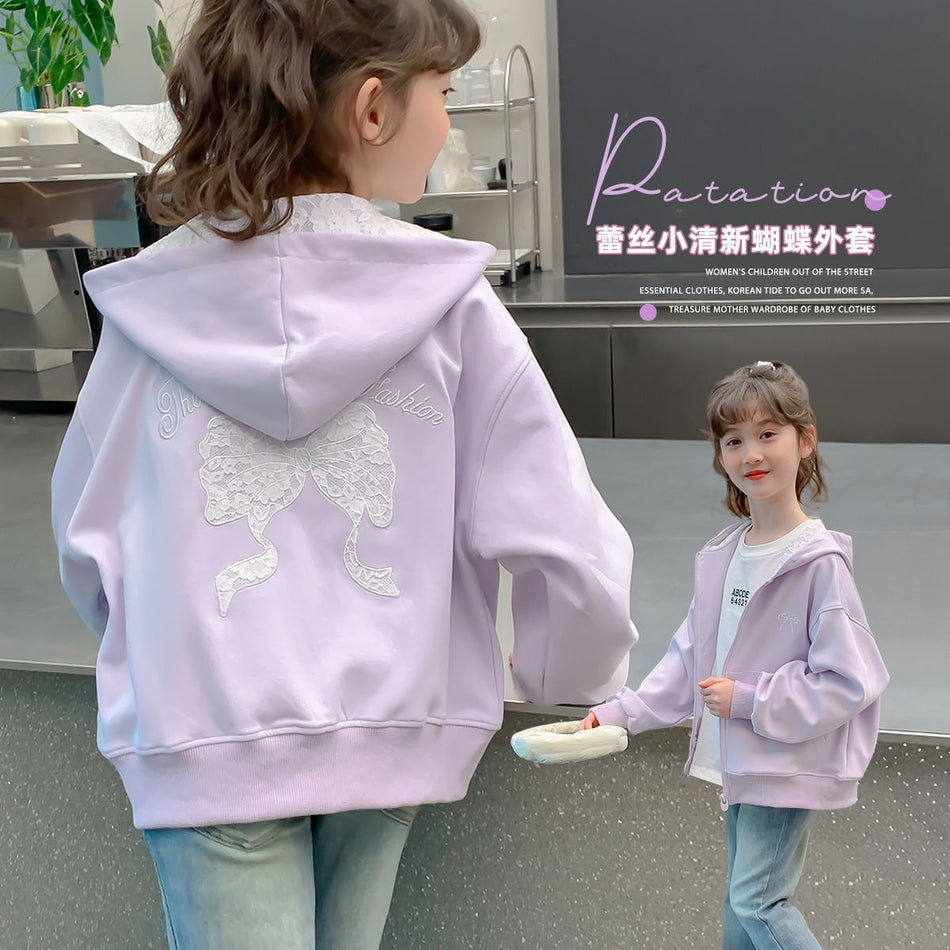 Girls Lace Bow Mid-Length Zip-Up Jacket
