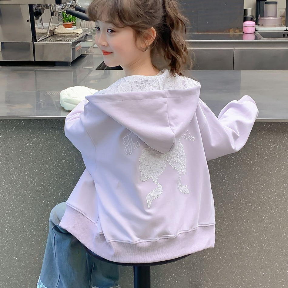 Girls Lace Bow Mid-Length Zip-Up Jacket