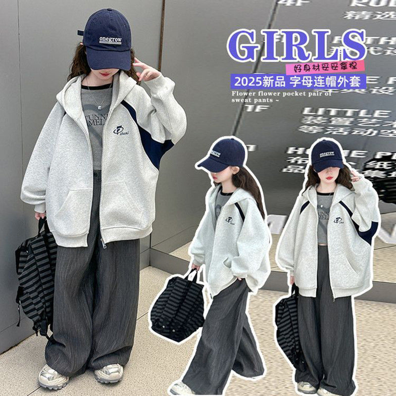 Girls Korean Style Loose Hooded Patchwork Jacket