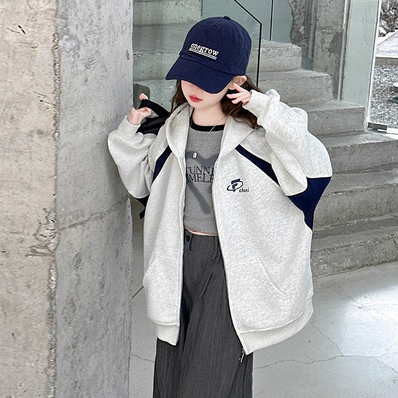 Girls Korean Style Loose Hooded Patchwork Jacket