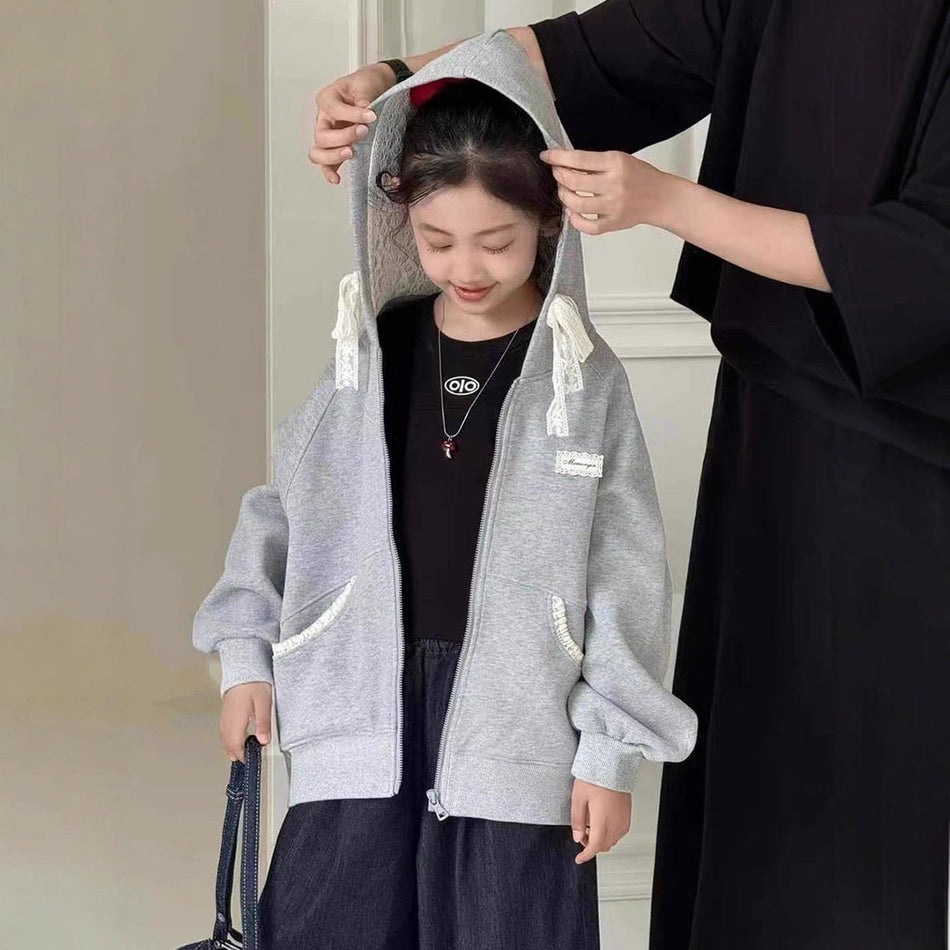 Girls Lace Detail Hooded Zipper Jacket