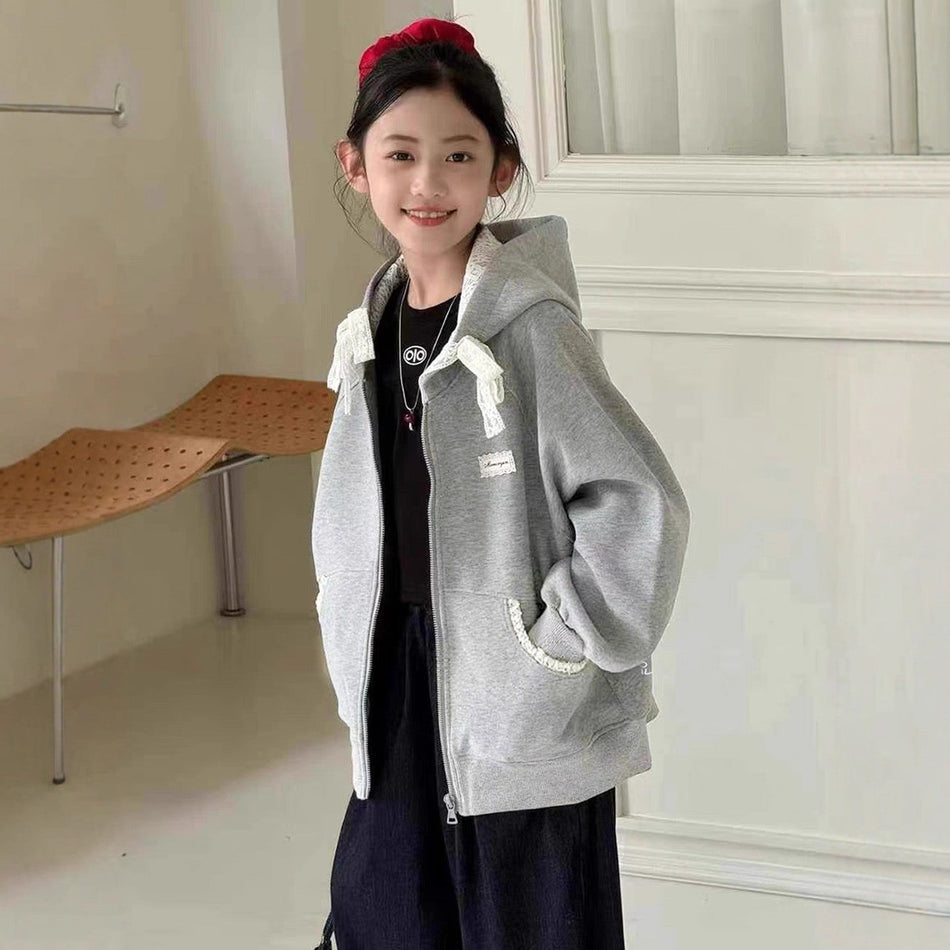 Girls Lace Detail Hooded Zipper Jacket