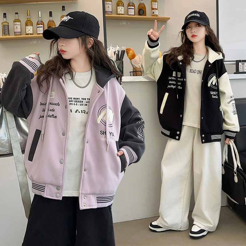 Girls Color Block Baseball Hooded Zipper Jacket