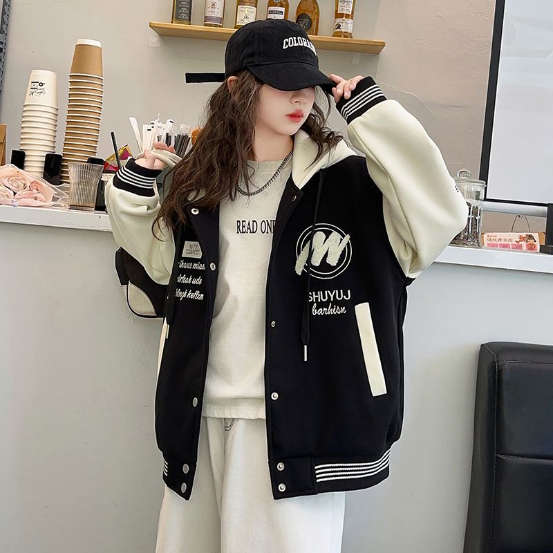 Girls Color Block Baseball Hooded Zipper Jacket