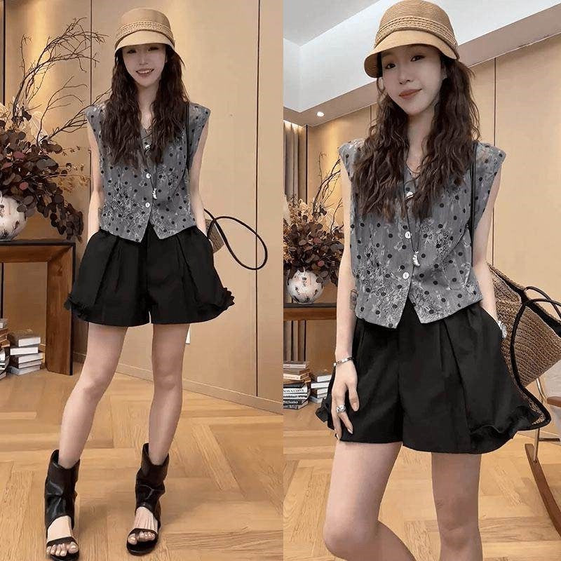 Women's Korean Style Sleeveless Top and Wide Leg Shorts Set