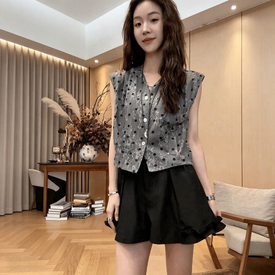 Women's Korean Style Sleeveless Top and Wide Leg Shorts Set