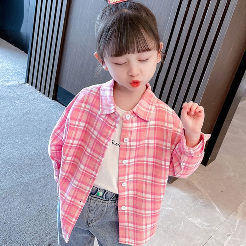 Girls' 100% Cotton Plaid Cartoon Shirt