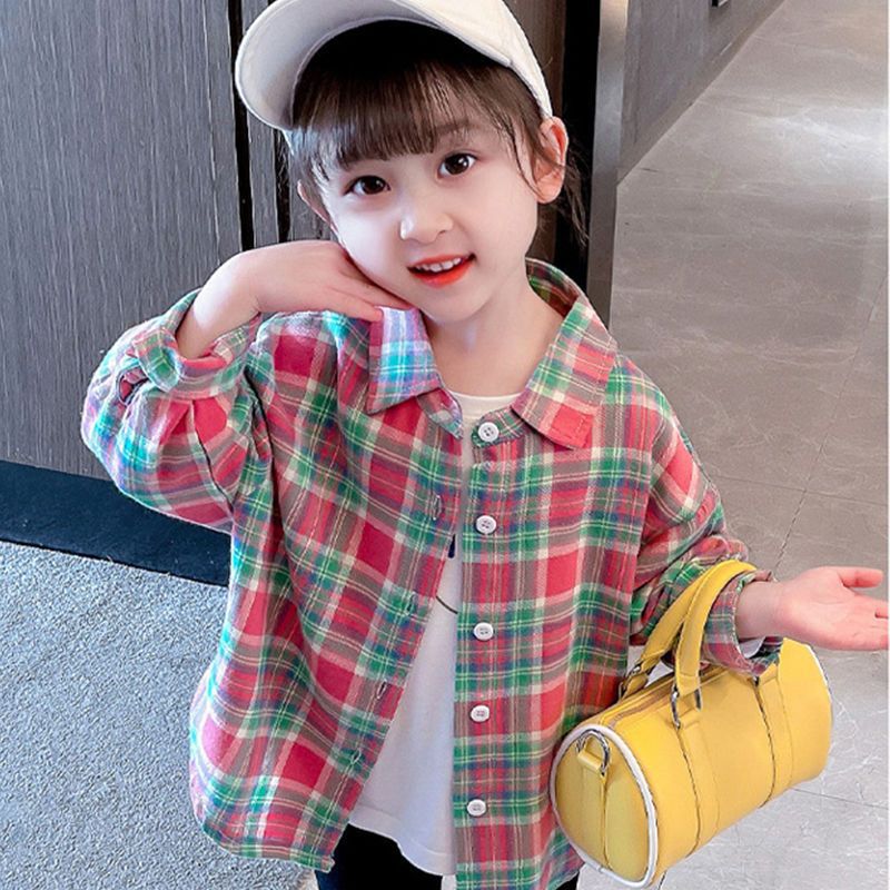 Girls' 100% Cotton Plaid Cartoon Shirt