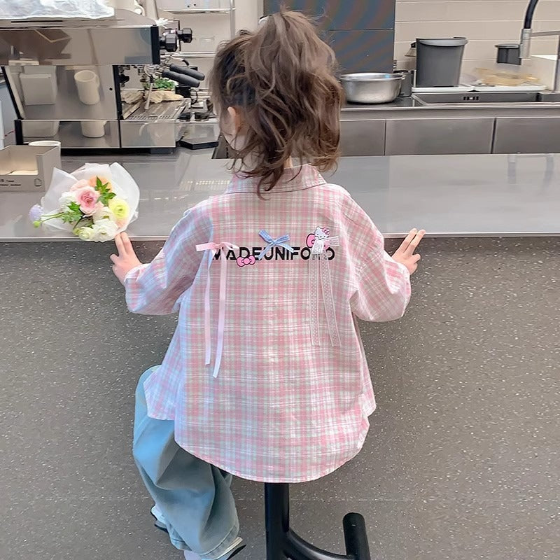 Girls' Plaid Shirt Jacket, Long Sleeve Korean Style