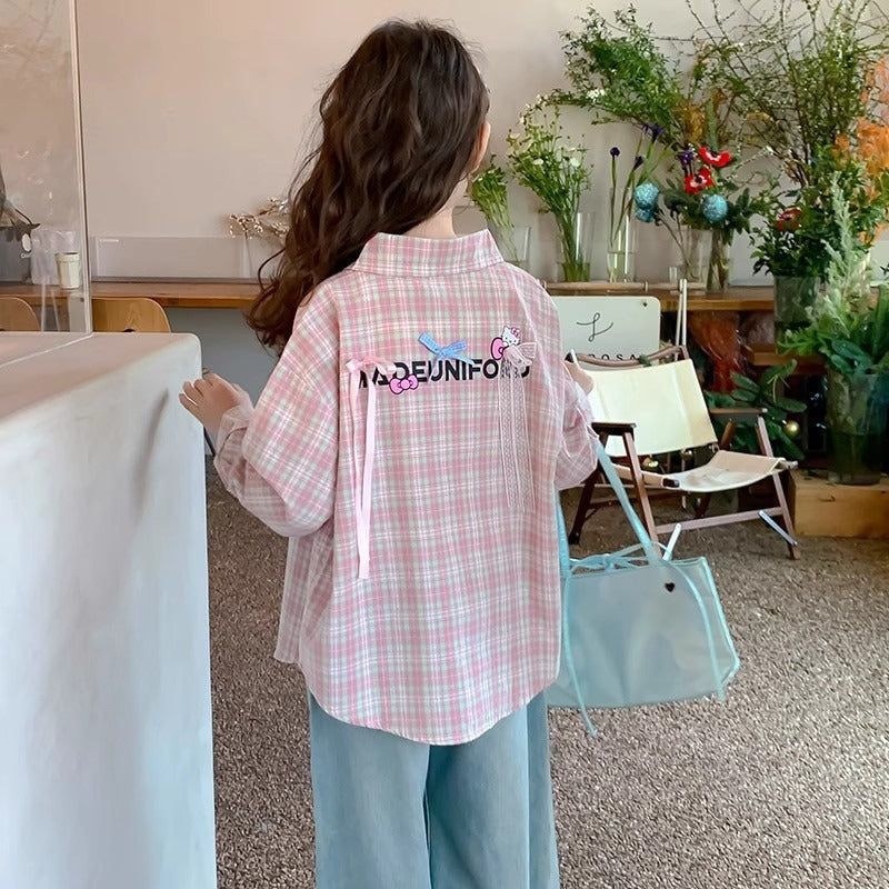 Girls' Plaid Shirt Jacket, Long Sleeve Korean Style