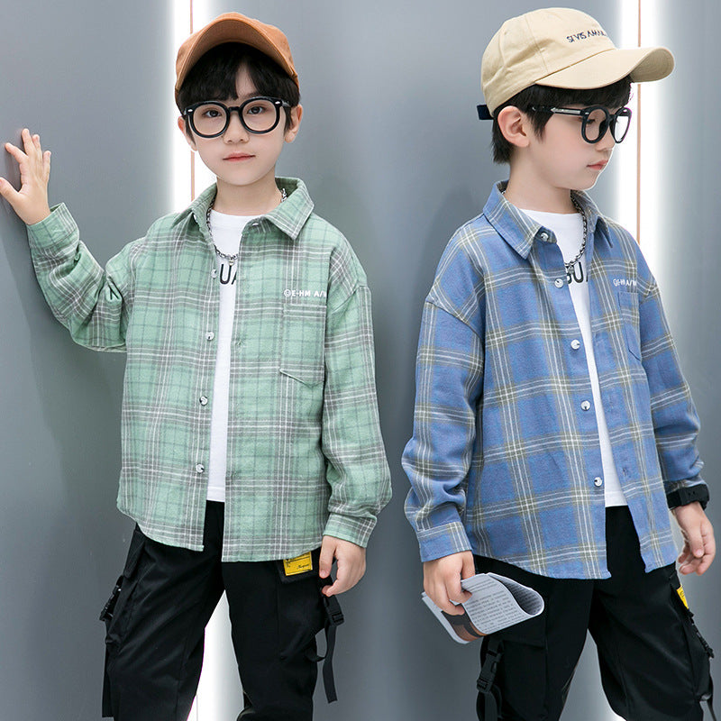 Boys' Plaid Shirt, Long Sleeve Cotton Casual Shirt