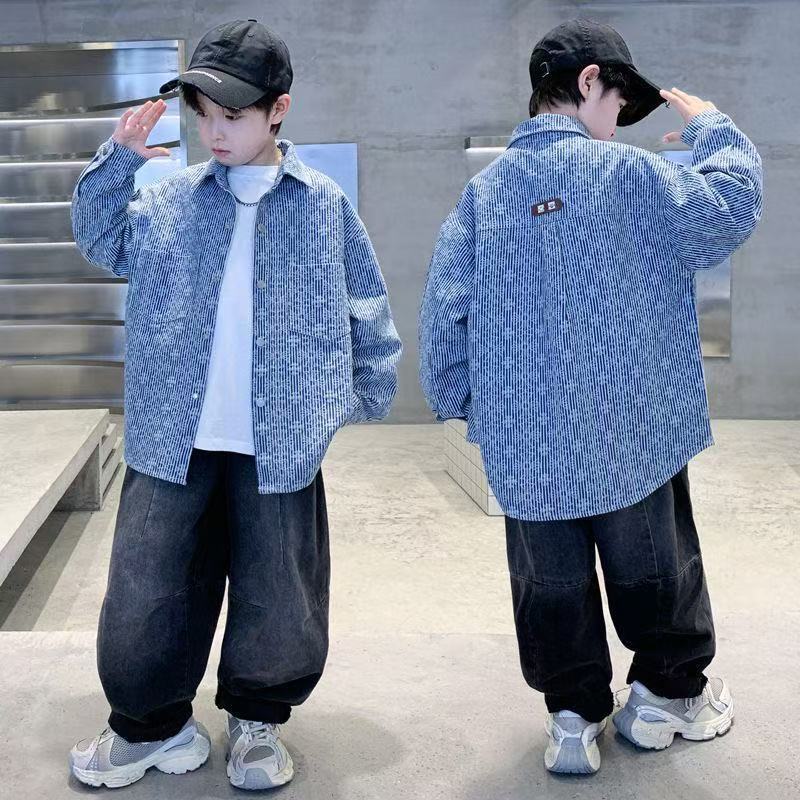 Boys' Cotton Denim Shirt, Striped Long Sleeve Casual Jacket