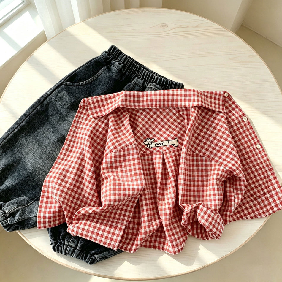 Kids' Red Plaid Shirt Jacket, Cotton Blend Long Sleeve