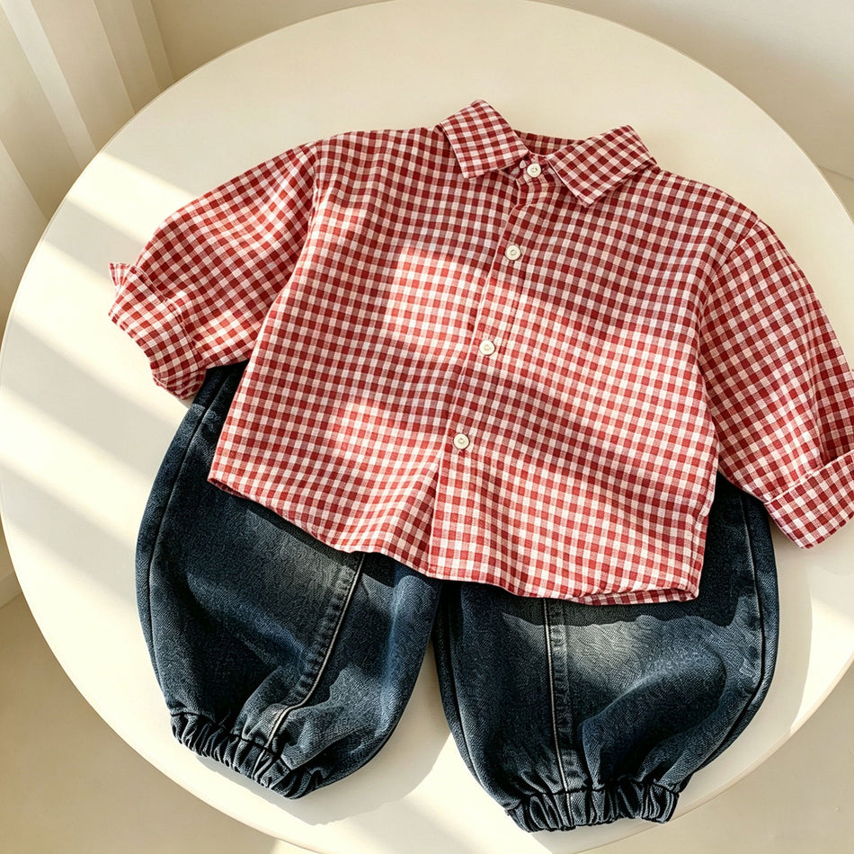 Kids' Red Plaid Shirt Jacket, Cotton Blend Long Sleeve