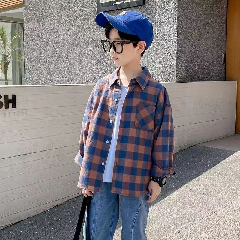 Boys' Plaid Shirt Jacket, Long Sleeve Cotton Blend Top
