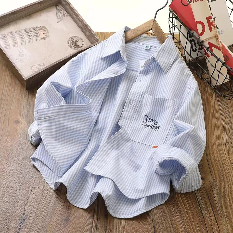 Boys' Cotton Striped Shirt, Long Sleeve Korean Style Top