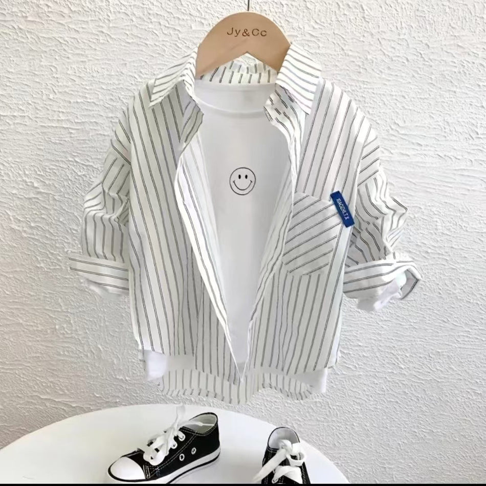 Kids' Cotton Striped Lapel Shirt, Long Sleeve Korean Style Top