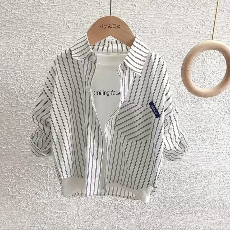 Kids' Cotton Striped Lapel Shirt, Long Sleeve Korean Style Top
