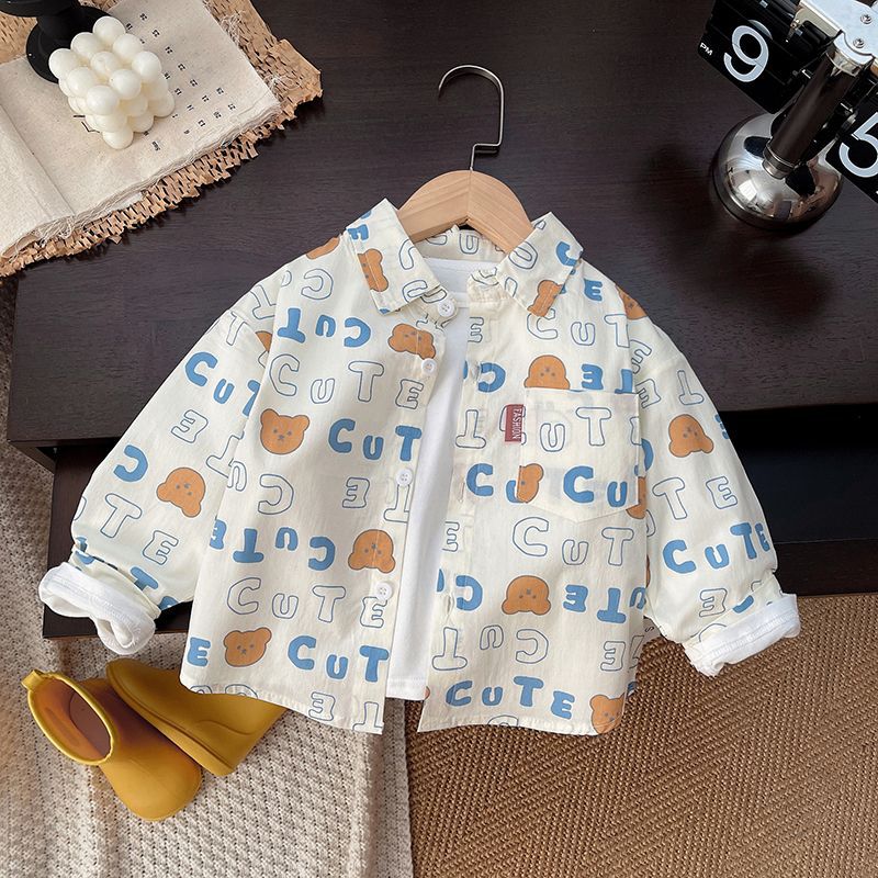 Kids' Cotton Striped Cartoon Shirt, Korean Style Long Sleeve Top