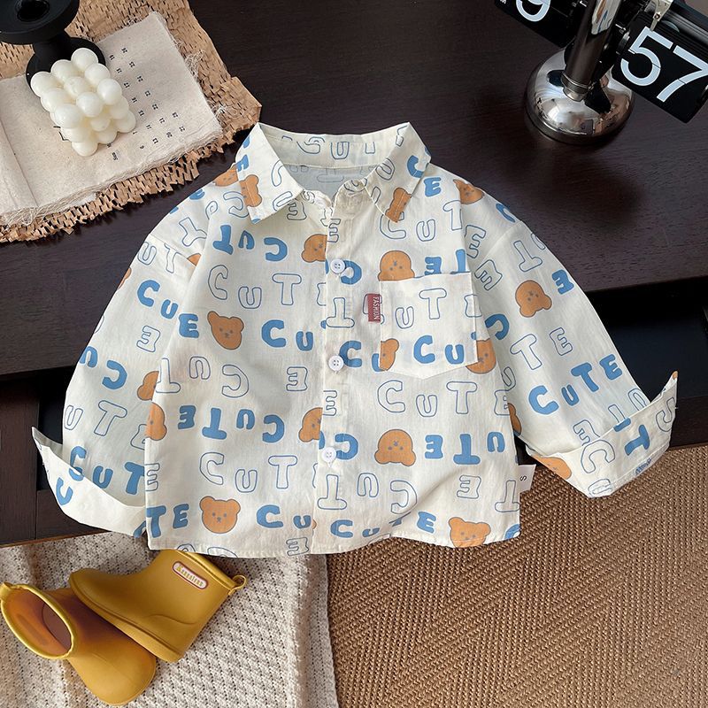Kids' Cotton Striped Cartoon Shirt, Korean Style Long Sleeve Top