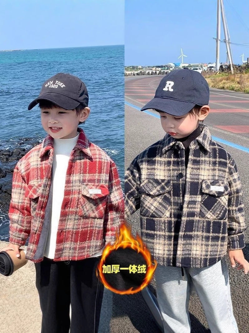 Kids' Velvet Plaid Coat, Warm Long Sleeve Korean Style Jacket