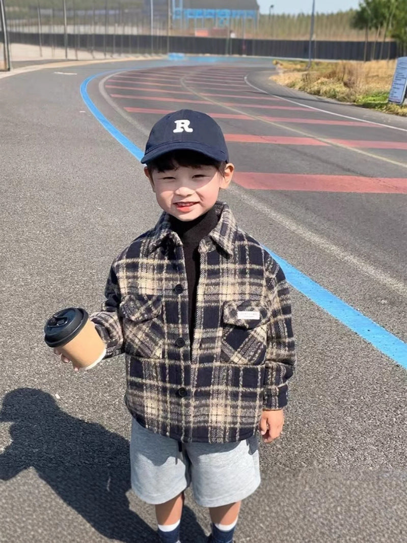 Kids' Velvet Plaid Coat, Warm Long Sleeve Korean Style Jacket