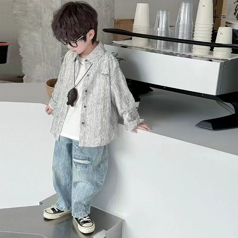 Boys' Cotton Striped Shirt, Long Sleeve Korean Style Jacket
