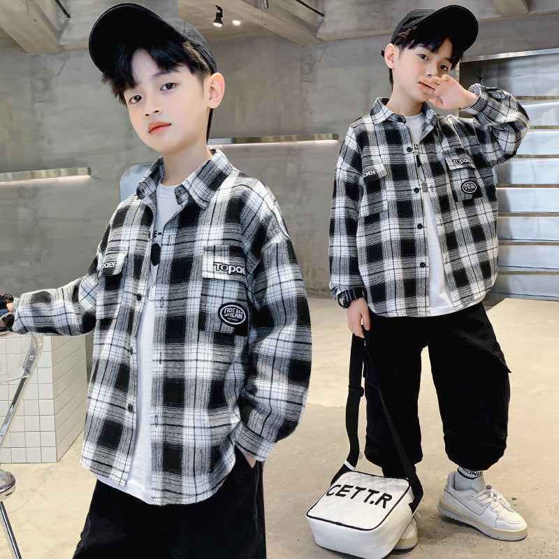 Boys' Plaid Cotton Shirt Jacket | Long Sleeve Casual Top