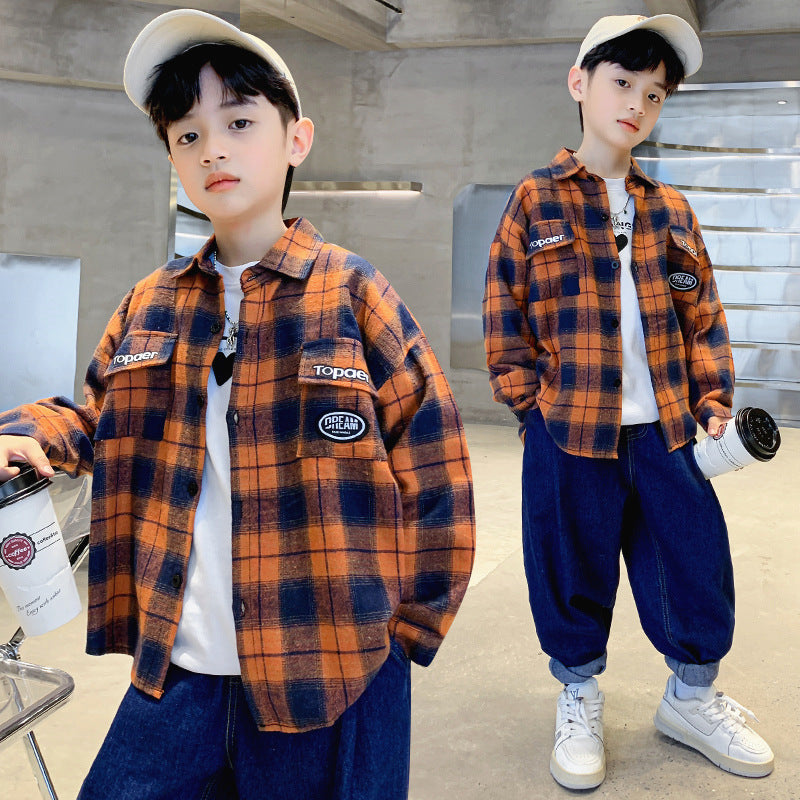 Boys' Plaid Cotton Shirt Jacket | Long Sleeve Casual Top