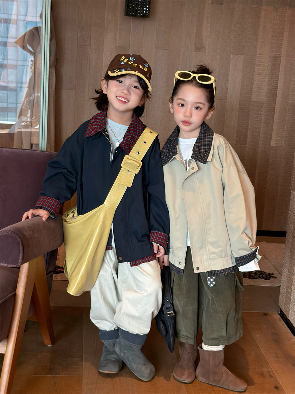 Kids' Plaid Color-Block Jacket | Korean-Style Loose Autumn Coat