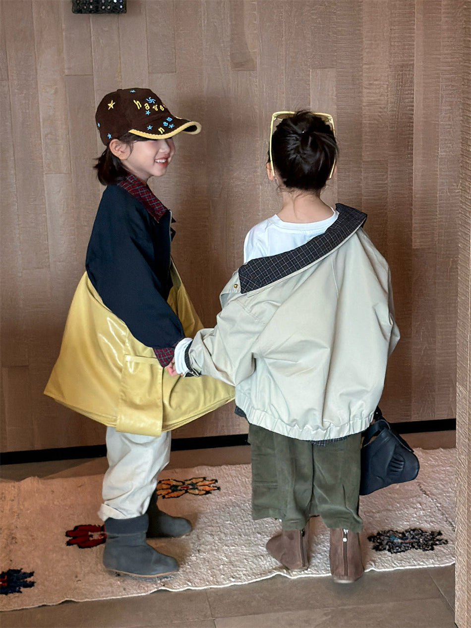 Kids' Plaid Color-Block Jacket | Korean-Style Loose Autumn Coat