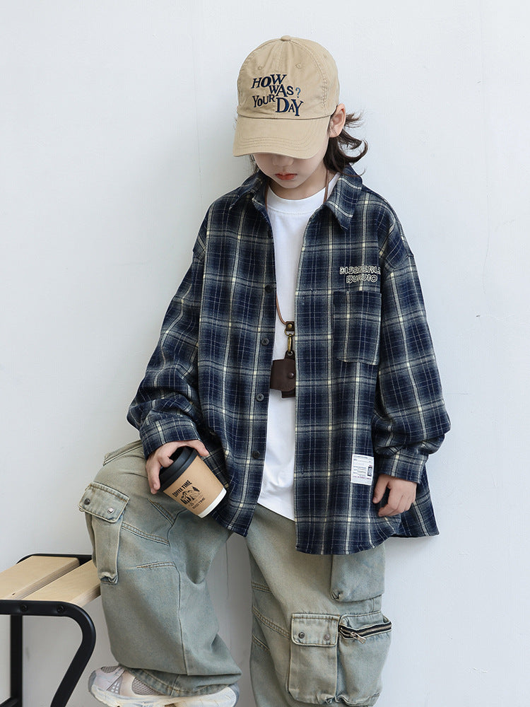 Boys' Plaid Shirt | Korean-Style Long Sleeve Casual Shirt