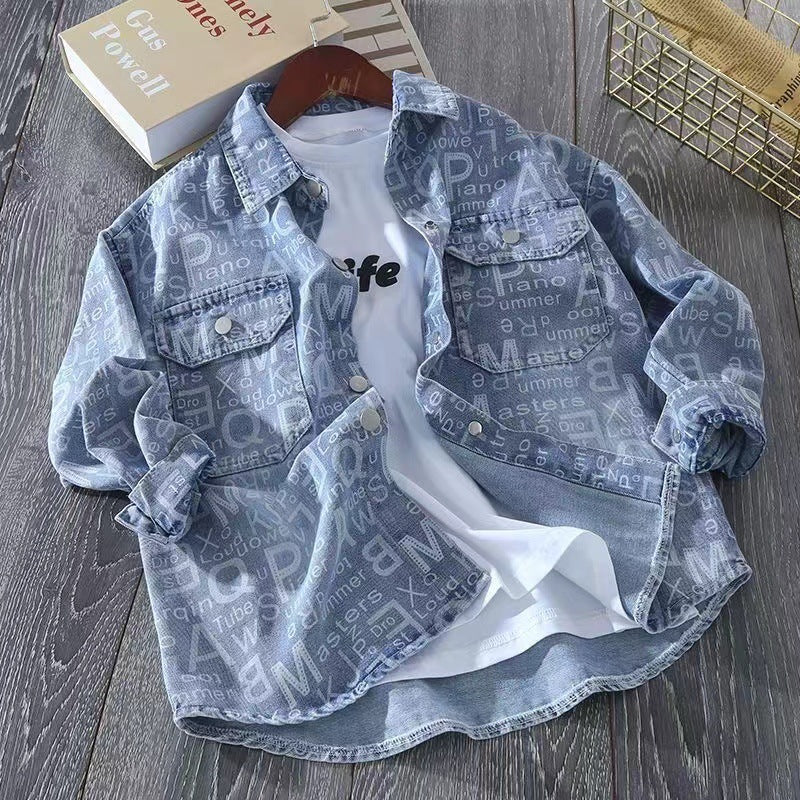 Boys' Denim Jacket Letter Print Long Sleeve Casual Shirt Jacket