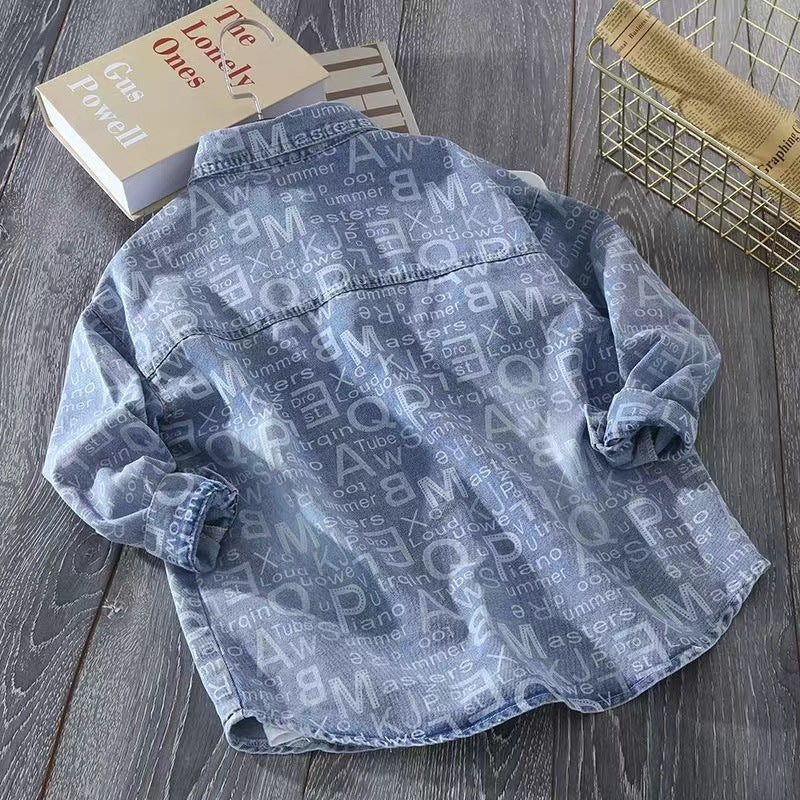 Boys' Denim Jacket Letter Print Long Sleeve Casual Shirt Jacket